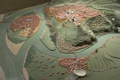 France, Rhone, Lyon, historical site listed as World Heritage by UNESCO, colline de Fourviere, Gallo-Roman Museum of Fourvière, the model of the ancient site seen to the south with the Gallic area in the foreground and the upper town Lugdunum, the theater and the Odeon side by side, the circus outside in the background