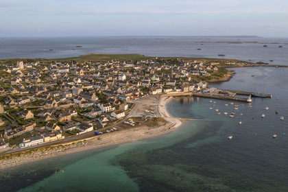 France, Finistère, Iroise Sea, Molene archipelago, Molene Island, the village and the port in the early morning (aerial view)