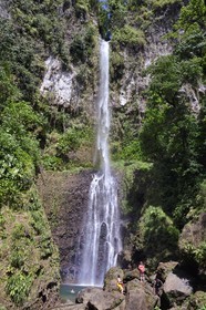 Caribbean, Dominica Island, Morne Trois Pitons National Park listed as World heritage by UNESCO, hiker at Middleham Falls on the Waitukubuli hiking trail that crosses the island
