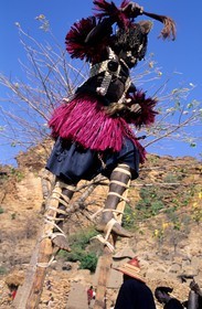Mali, Dogon Country, Bandiagara Cliff listed as World Heritage by UNESCO, Dama dances (end of mourning) in the village of Tereli, mask on stilts cold turtledove