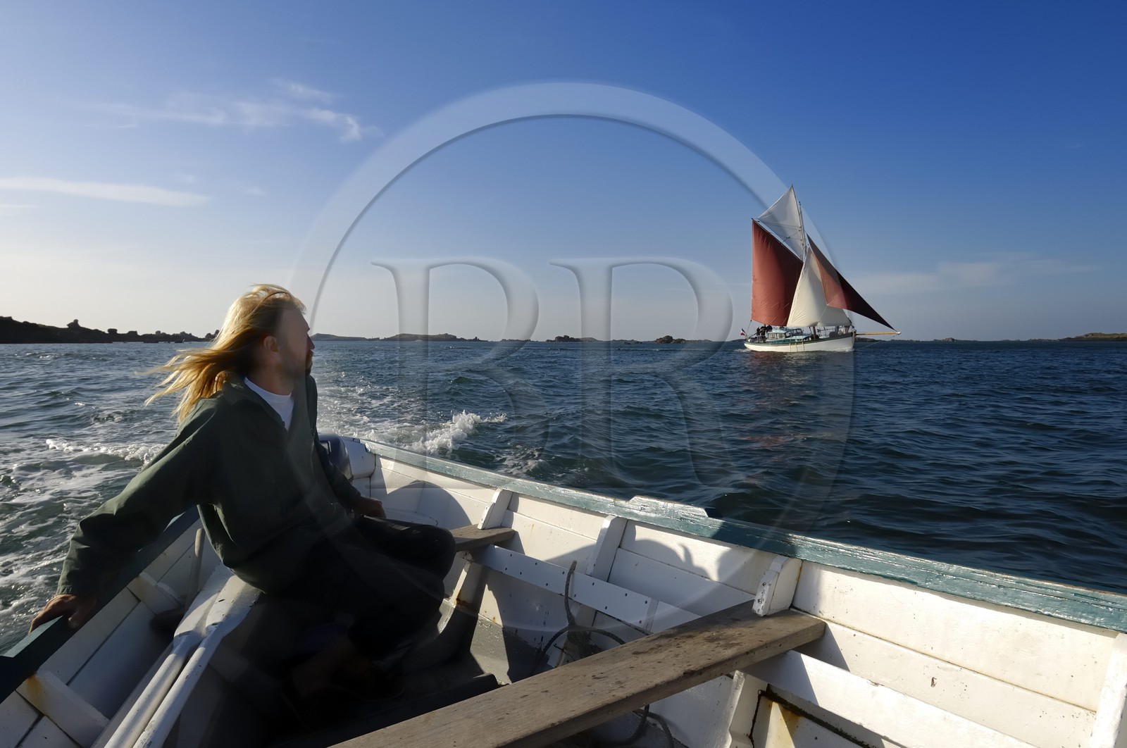 France, Manche (50), archipel des îles Chausey, le Courrier des Iles dessiné par le peintre de la marine Marin Marie
