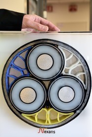 Norway, Ostfold County, Halden, Nexans cable manufacturing plant, cut of a three-phase cable that connects wind turbines at sea, with a diameter varying between 250 and 300 mm