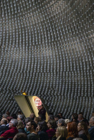 France, Paris, Place du Colonel Fabien, the Parti Communiste (French Communist Party) building by architect Oscar Niemeyer, opening of the Odyssey exhibition by artist Fred Kleinberg at Espace Niemeyer