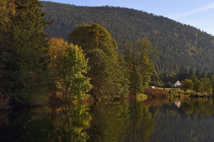 France, Vosges, Le Valtin in the upper valley of the Meurthe, the étang des dames (ladies' pond) crossed by the Meurthe river