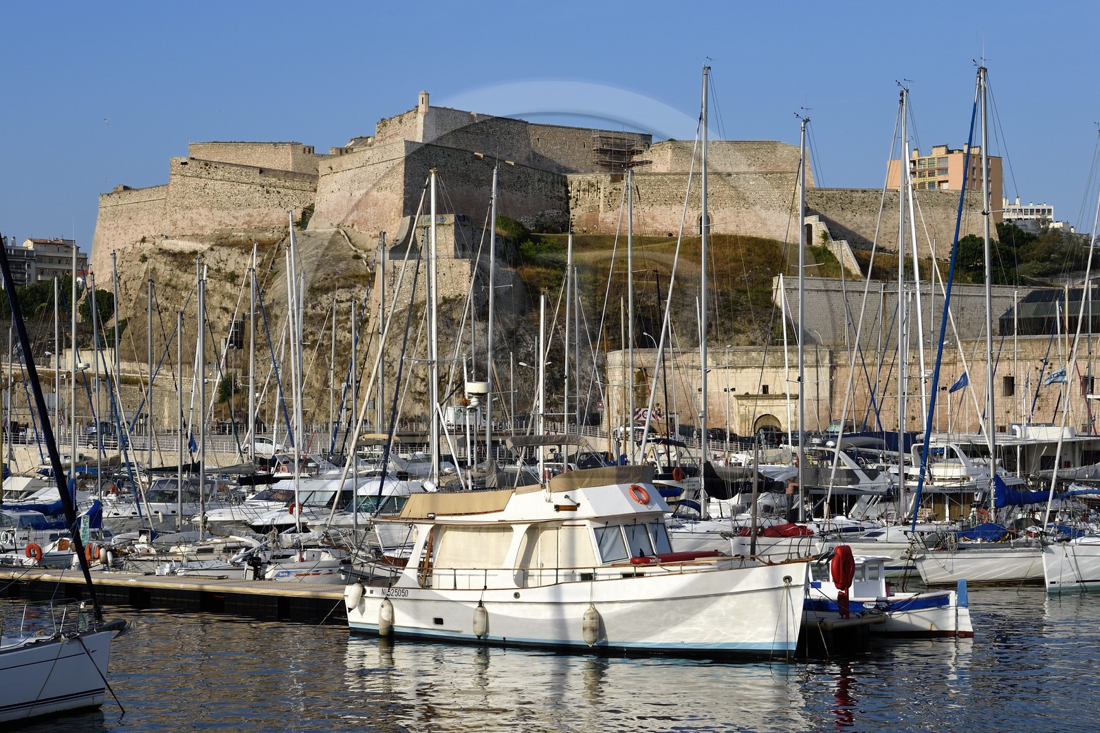 France, Bouches du Rhone, Marseille, the Vieux Port entrance, the Fort Saint-Nicolas in background