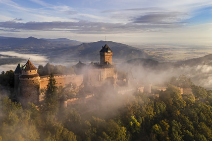 France, Bas Rhin, Orschwiller, Alsace Wine Road, Haut Koenigsbourg Castle and the plain of Alsace in the background right (aerial view)