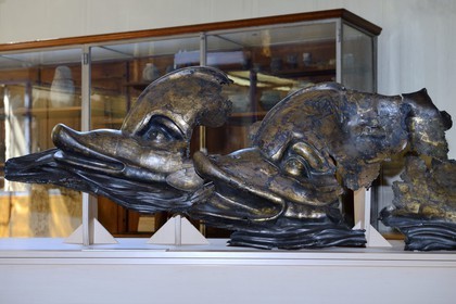France, Isere, Vienne, Fine Arts and Archaeology Museum on the first floor of the old grain market, dolphins gilded copper alloy dating from the 2nd century AD found on the banks of the Rhone in Vienna in 1840