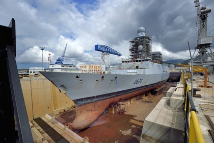France, Var, Toulon, the naval base (Arsenal), the Forbin frigate in dry dock, it is a large anti-air frigate of the French Navy, lead ship of the Horizon class