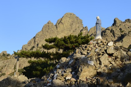 France, Corse du Sud, Alta Rocca, Bavella pass (1318 m), a statue of the Virgin Mary, Madona of mercy, to whom locals and pilgrims worship are offering ex-voto of gratitude and good luck wishes