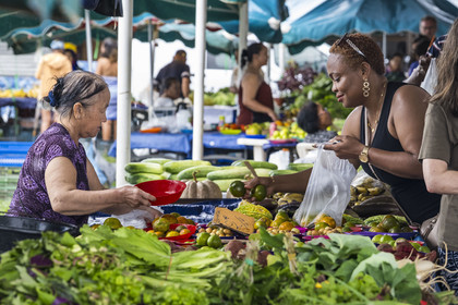 France, French Guiana, Javouhey, Sunday market Hmong refugees from Laos who arrived in 1978 and have specialized in fruit farming, femme Hmong devant son étal vendant des mandarines à une cliente