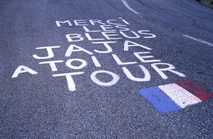 France, Haute Garonne, Central Pyrenees, Slogans written by Tour de France supporters on the road to Peyresourde pass