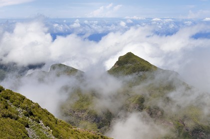 Portugal, Madeira Island, Vereda do Areeiro hike between Pico Ruivo (1862m) and Pico Arieiro (1817m), the central mountain range towards Achada do Teixeira overlooks the Atlantic Ocean