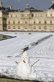 France, Paris, Saint Michel district, the Luxembourg Gardens, snowman in front of the Senate palace