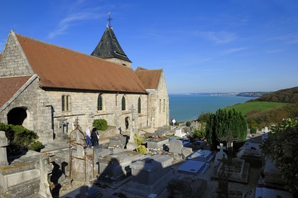 France, Seine-Maritime, Pays de Caux, the church of Varengeville-sur-Mer and its cemetery by the sea overlooking the cliffs of the Cote d'Albatre (Alabaster Coast)