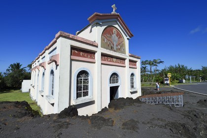 France, Reunion island (French overseas department), Piton Sainte Rose, Notre-Dame-des-Laves church spared by the lava flow solidified today that stopped on his porch during an eruption of the Piton de la Fournaise volcano occurred in 1977