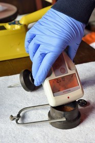 France, Bas-Rhin, Schiltigheim, intervention of engineers from the National Agency for the Management of Radioactive Waste (Andra) in a private home to remove radioactivity from a rare model of a century-old radium fountain, survey meter which measures X, beta and gamma radiation