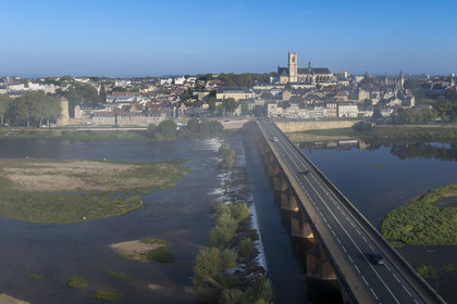 France, Nièvre, Nevers, the Loire downstream from the Pont de la Loire and the Saint-Cyr-et-Sainte-Julitte cathedral in the background (aerial view)