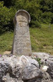 France, Ariege, Pays d' Olmes, stele for the Cathar victims built in 1960 at the bottom of Montsegur Castle