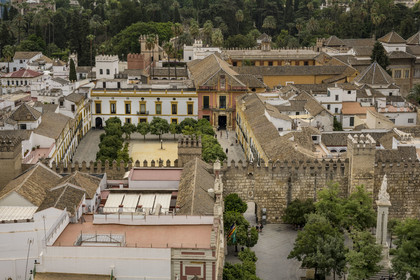 Spain, Andalusia, Seville, plaza del Triunfo, the Alcazar of Seville (Reales Alcazares de Sevilla), listed as World Heritage by UNESCO, surrounded by its walls