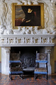 France, Indre et Loire, Chateau de Chenonceau, fireplace in Diane de Poitier's bedroom, Catherine de Médicis portrait