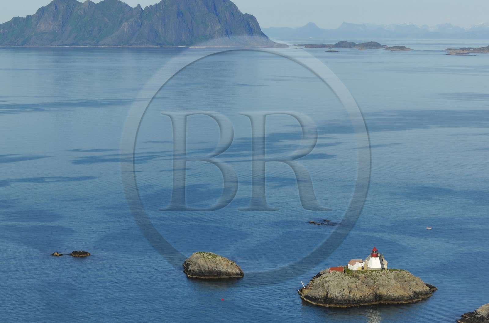 Norway, Nordland County, lighthouse of Moholmen off the Lofoten islands (aerial view)