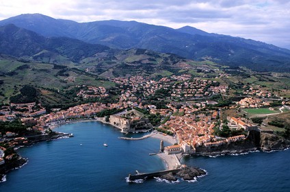 France, Pyrénées-Orientales (66), Côte Vermeille, Collioure city (aerial view)