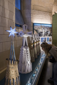 Spain, Catalonia, Barcelona, Eixample district, Sagrada Familia basilica by Catalan modernist architect Antoni Gaudi, listed as a UNESCO World Heritage Site, models of peaks of different towers exhibited in the museum section