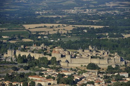 France, Aude, Carcassonne, medieval city (aerial view)