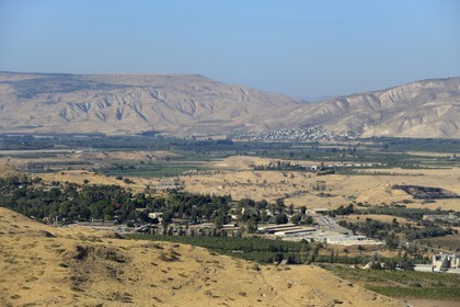Israel, Northern District, Lower Galilee, the Jordan River valley and the mountains of Jordan in the background