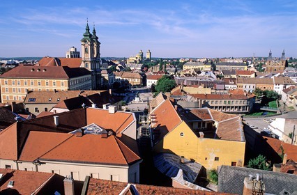 Hungary, Eger, minor brothers' church, and the cathedral overlooking the city