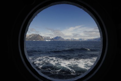 Greenland, Southern Region, cruise ship Princess Danae passing by Farvel (Farewell) Cape