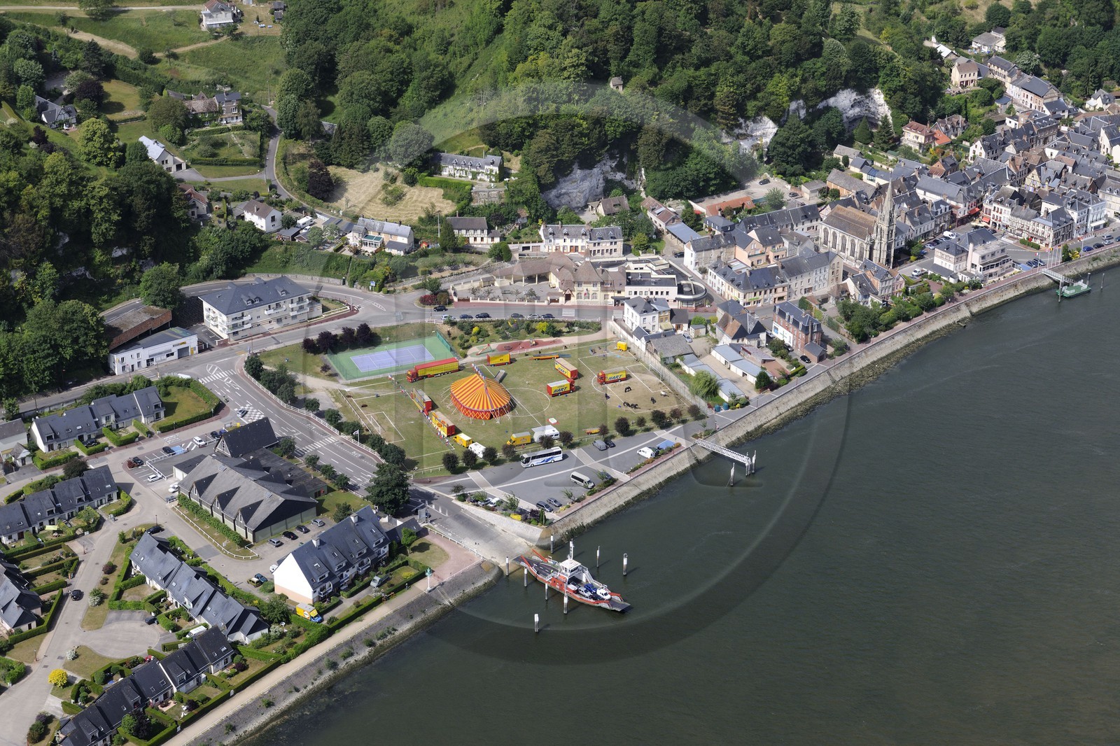 France, Seine-Maritime, the ferry on the Seine at the village of La Bouille (aerial view)