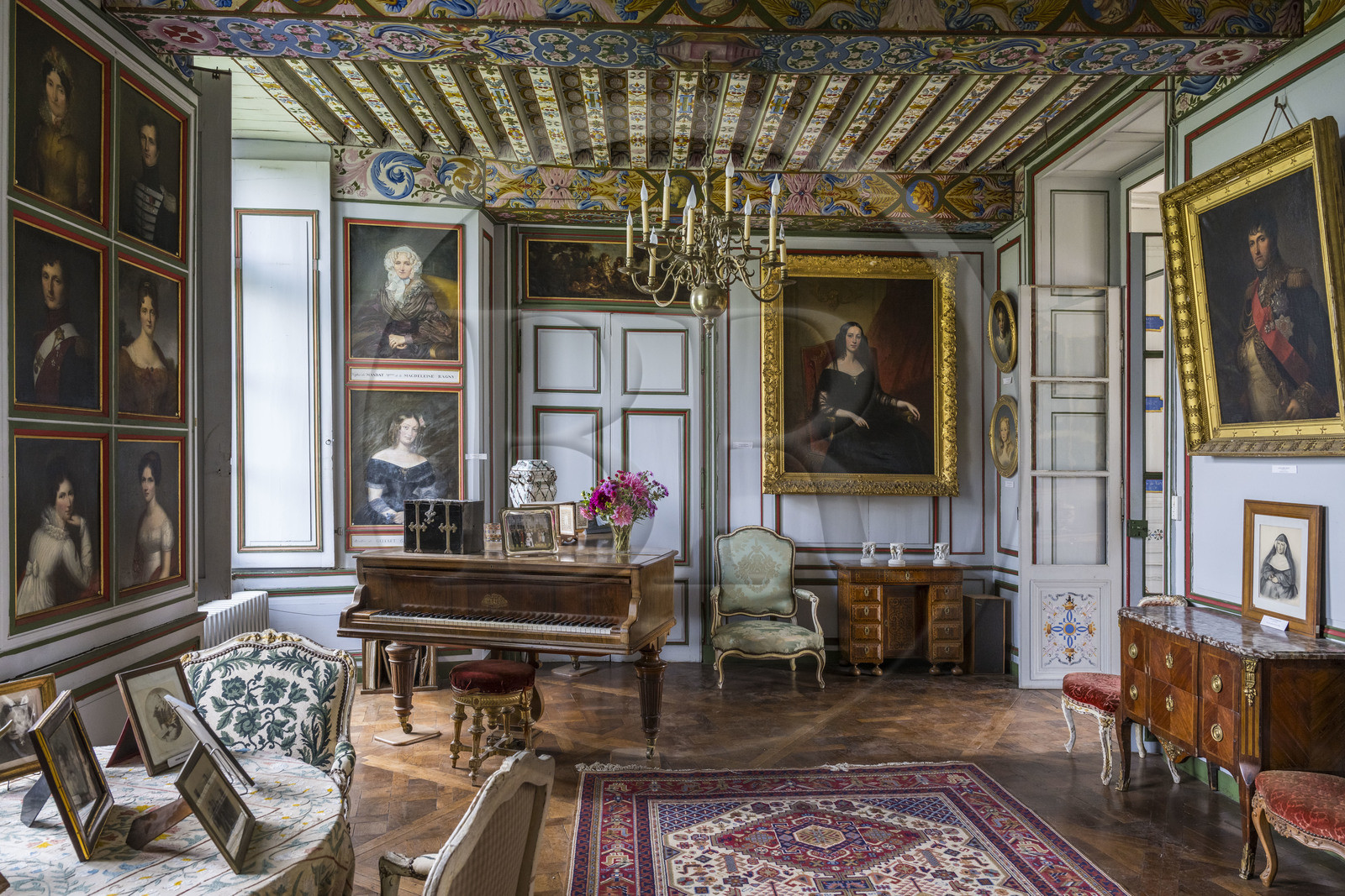 France, Côte-d'Or (21), Epoisses, le château d'Epoisses, portraits de famille de la famille de Guitaut dans le salon de musique