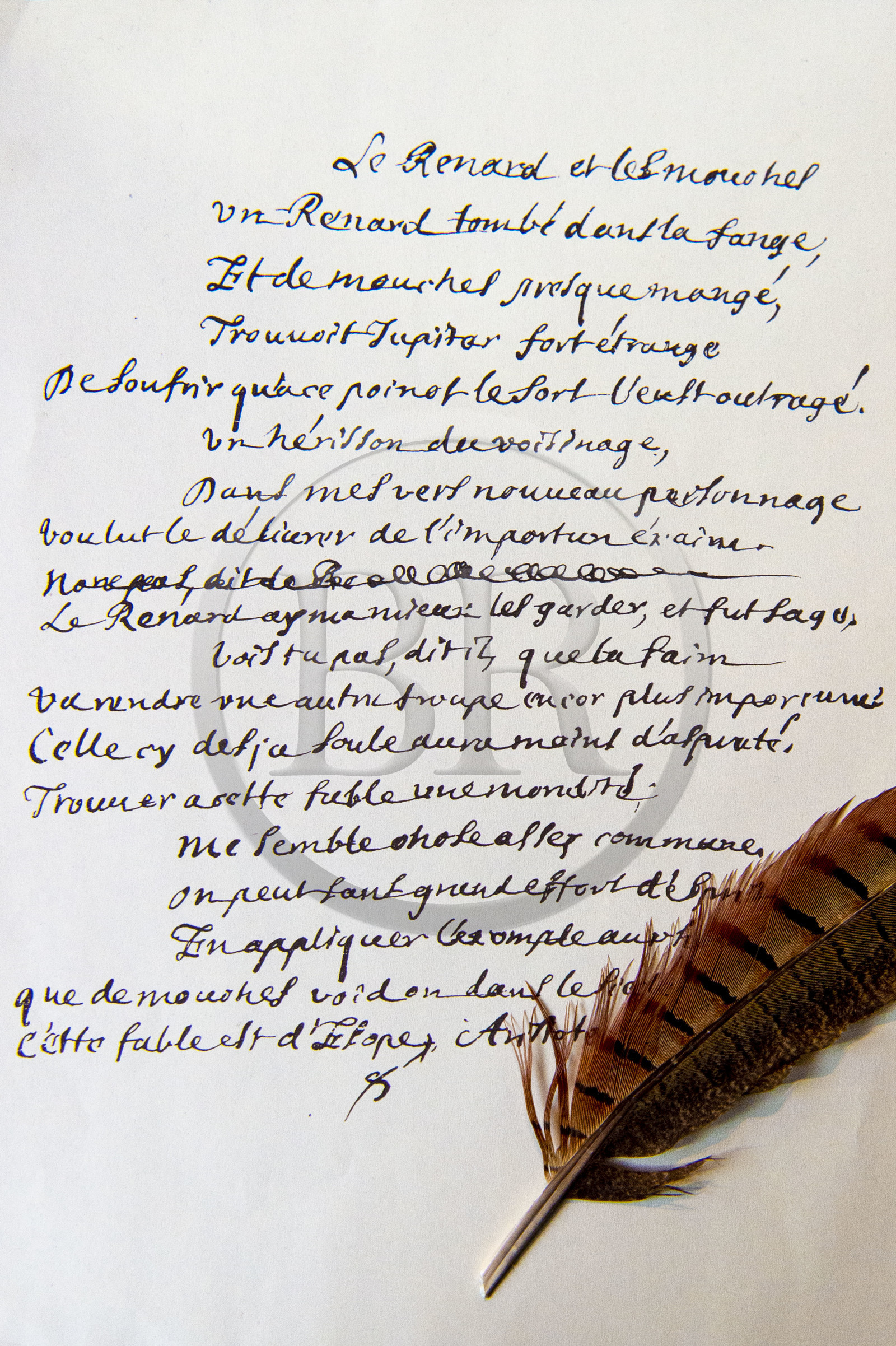 France, Aisne (02), Château-Thierry, Musée Jean de La Fontaine - Ville de Chateau-Thierry, brouillon de la Fable Le Renard, les Mouches et le Hérisson écrit à la plume de la main de Jean de La Fontaine (fac-similé)