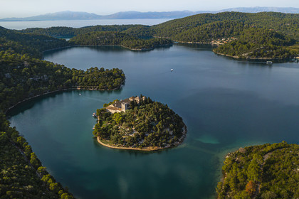 Croatia, Dalmatia, Dalmatian coast, Island of Mljet, National Park of Mljet, former Benedictine monastery on the islet of Sainte Mary (Sveta Marija) (aerial view)