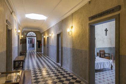 France, Bouches du Rhone, Regional Natural Park of the Alpilles, Saint Remy de Provence, Saint-Paul-de-Mausole monastery, the historic psychiatric asylum the Maison de santé Saint-Paul where Van Gogh was interned in 1889-1890, corridor and Mother Superior's room