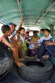 Philippines, Nueva Ecija province, Bambang region, inside a jeepney (elongated jeep to transport passengers)