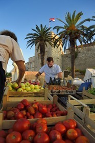 Croatie, Dalmatie, cote dalmate, Ile de Korcula, ville de Korcula, marché au légumes au pied de la porte méridionale