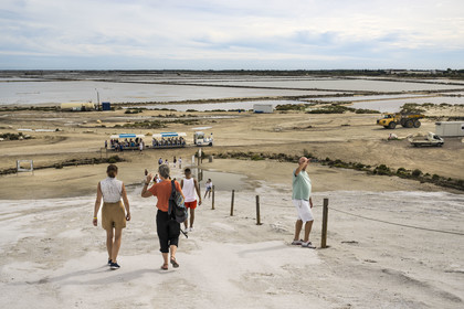 France, Gard (30), Aigues-Mortes, visite du salin d'Aigues-Mortes (Salins du Midi) en petit train, touristes descendant d'une montagne de sel
