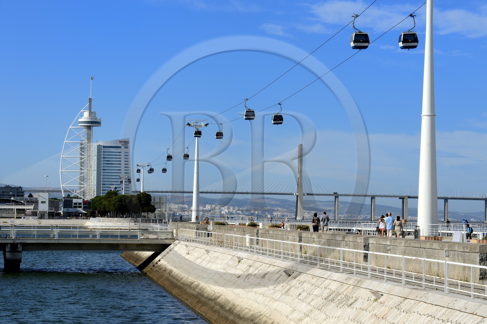 Portugal, Lisbon, Parque das Nações (Nations' Park) built for the Universal Expo 98 World Exhibition, Vasco de Gama Tower hosting the hotel Myriad by SANA Hotels and cable cars running along the Tagus