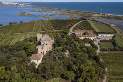 France, Hérault (34), Villeneuve-lès-Maguelone (Palavas-Les-Flots), cathédrale Saint-Pierre-et-Saint-Paul de Maguelone des XIIème et XIIIème siècles entourée de vignes sur son île, l'Etang du Prévost et Palavas-Les-Flots en arrière plan (vue aérienne)