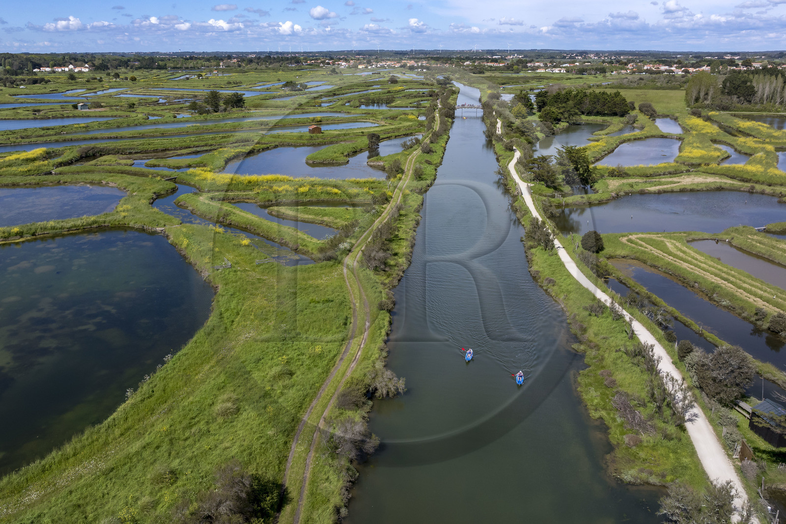 France, Vendée (85), Les-Sables-d'Olonne, marais de l'Auzance, kayaks sur le canal de la Bauduère (vue aérienne)