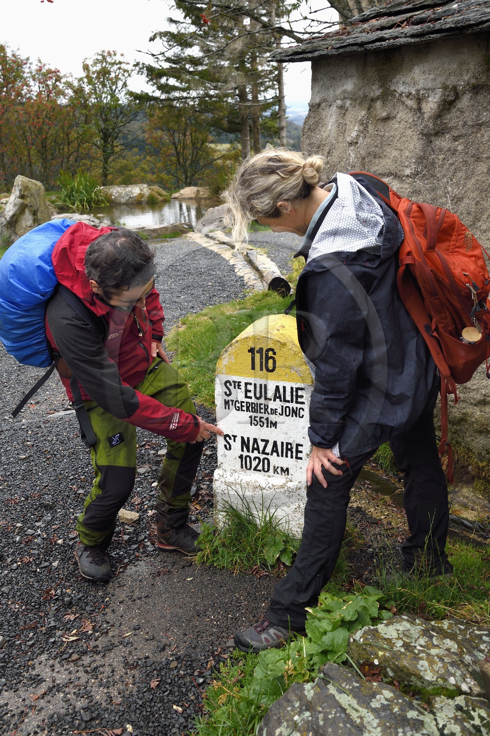 France, Ardèche (07), parc naturel régional des Monts d'Ardèche, Massif du Mézenc, au pied du Mont Gerbier-de-Jonc (1551 m), parmis les trois sources de la Loire, borne de la source géographique devant la Ferme de la Loire de M. Eric Maréchal à Sainte-Eulalie