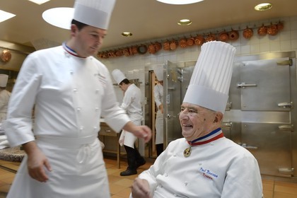 France, Rhone, Collonges au Mont d'Or, Paul Bocuse Restaurant L'Auberge du Pont de Collonges, three Michelin stars since 1965, famous French chef Paul Bocuse with the chef executif Christophe Muller