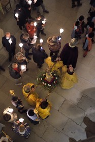 France, Meurthe-et-Moselle, Saint Nicolas de Port, Basilica of Saint Nicolas, torchlight procession which has been celebrated since 1245 on the occasion of Saint Nicholas, the relic of Saint Nicolas blessing dexter (according to tradition it is the bones of a joint of the right hand of the bishop) that is kept in a reliquary arm of the late 19th century in silver, gold, enamel and diamonds