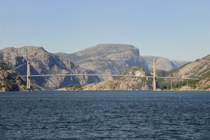 Norway, Rogaland County, Lysebotn Fjord, bridge overhanging the Lysefjord entrance
