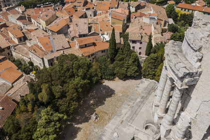 France, Alpes-Maritimes, La Turbie, Trophée d'Auguste or Trophée des Alpes, Roman monument built in the year 6 BC. (aerial view)