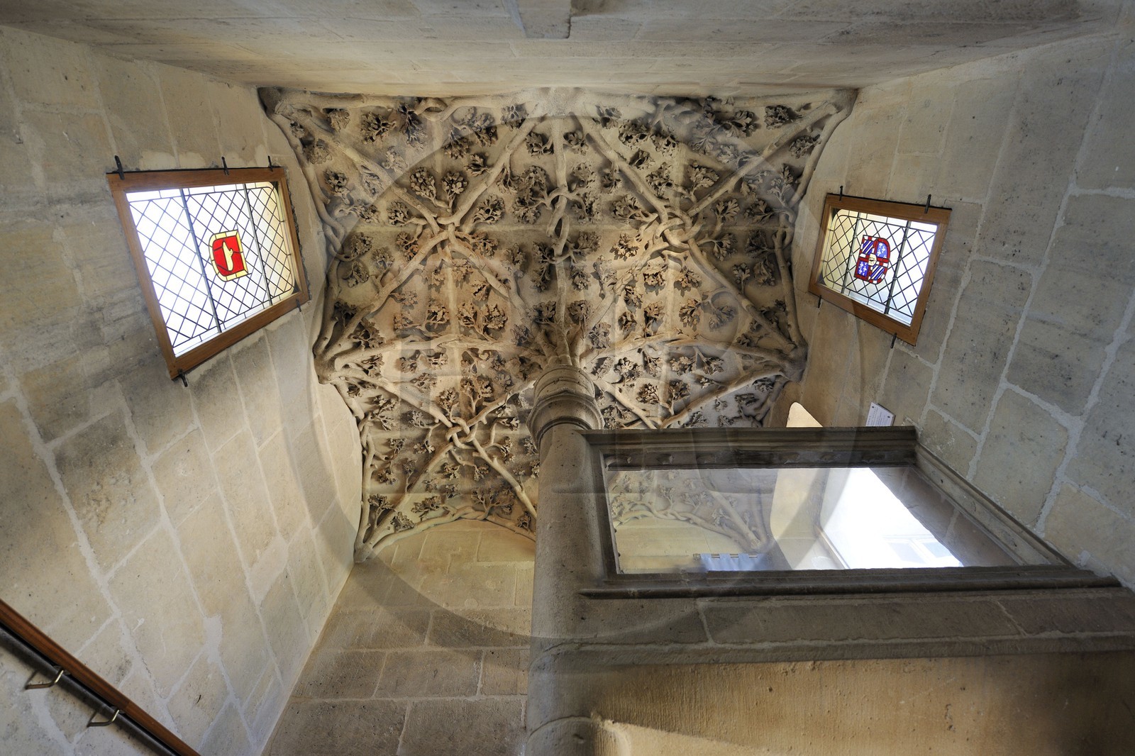 France, Paris, the Jean-sans-Peur tower was part of the Hôtel de Bourgogne (palace of the Dukes of Burgundy), built in the 15th century on the Philippe Auguste's surrounding wall, the plant decoration of the spiral staircase'vault