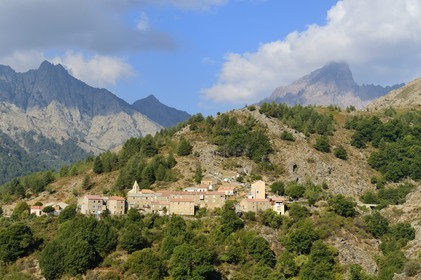 France, Haute Corse, Niolu (Niolo) region, Calasima highest village in Corsica (1 095m) at the foot of the Paglia Orba mountain shaped as a shark fin