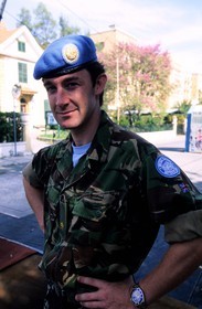 Cyprus, Nicosia, U.N. soldier at the only check point of the green line